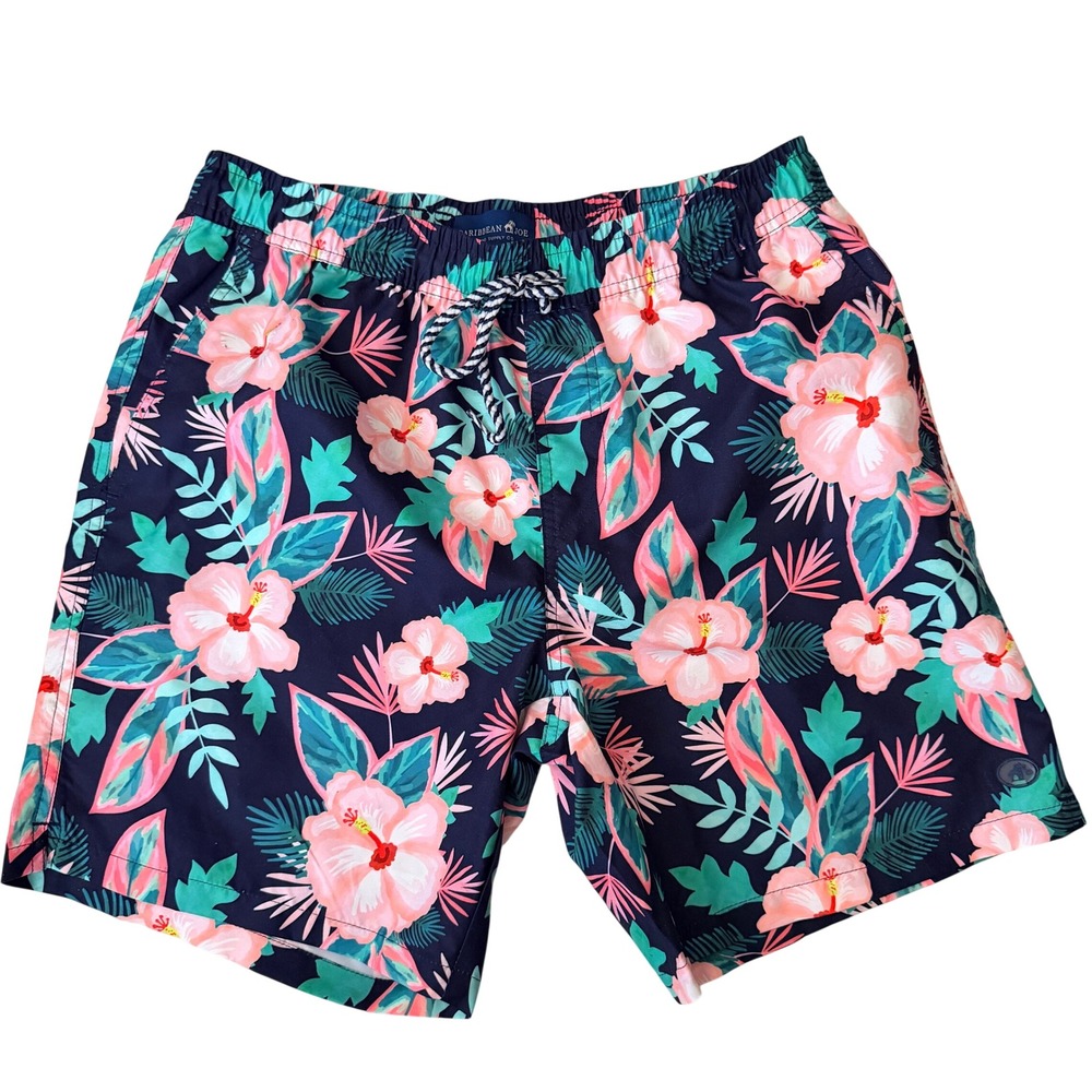 Caribbean Joe Swim Trunks Mens L Navy Blue Floral Hibiscus Beach Summer Pockets